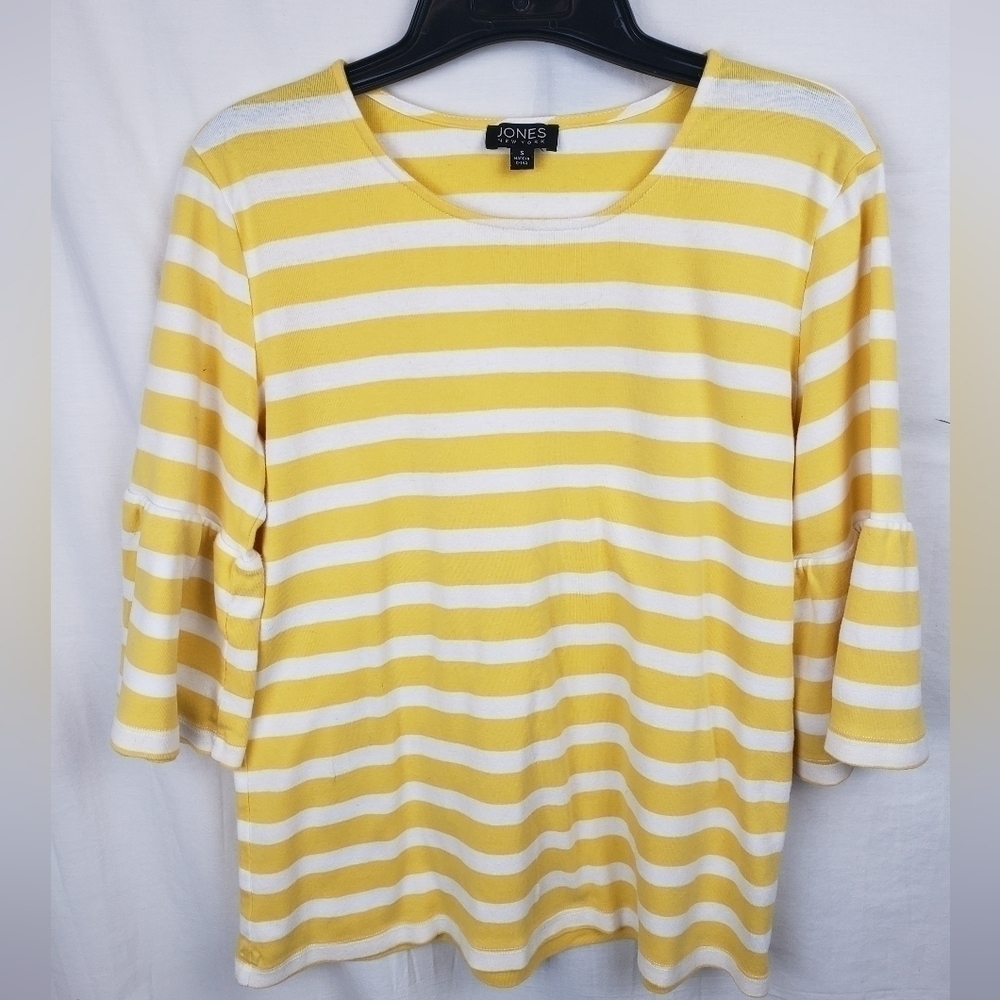 Jones New York Yellow Striped 3/4 Length Sleeve Cotton Shirt Sz S